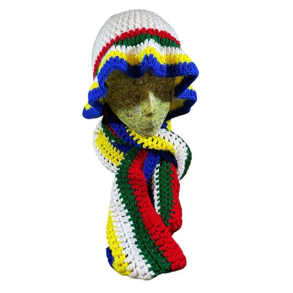 American Vintage Accessories - Vintage 80s Handmade Rainbow Knit Scarf/Hat Set